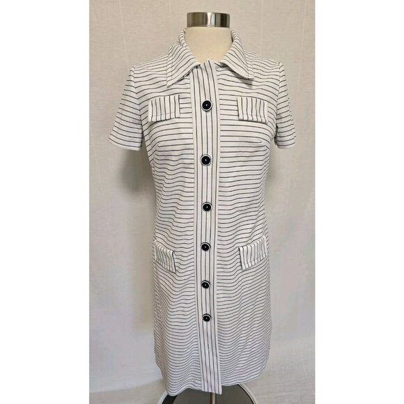 70s Vintage Womens Blue Stripe Shift Dress Nautical Casual Button Front - Picture 1 of 6